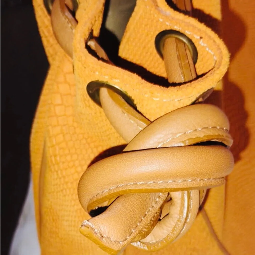 Sundance Suede/ Leather Snake Embossed Orange Textured Tote with Cognac Handles